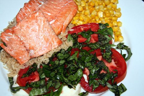 Wild Salmon, Caprese Salad, Buttered Corn, and Rice with Bone Broth