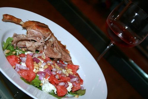 Roast Duck with Watermelon, Goat Cheese, Red Onion, Pine Nut and Argugula Salad