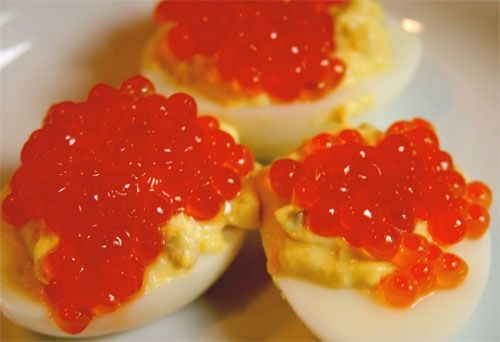 deviled eggs with salmon roe