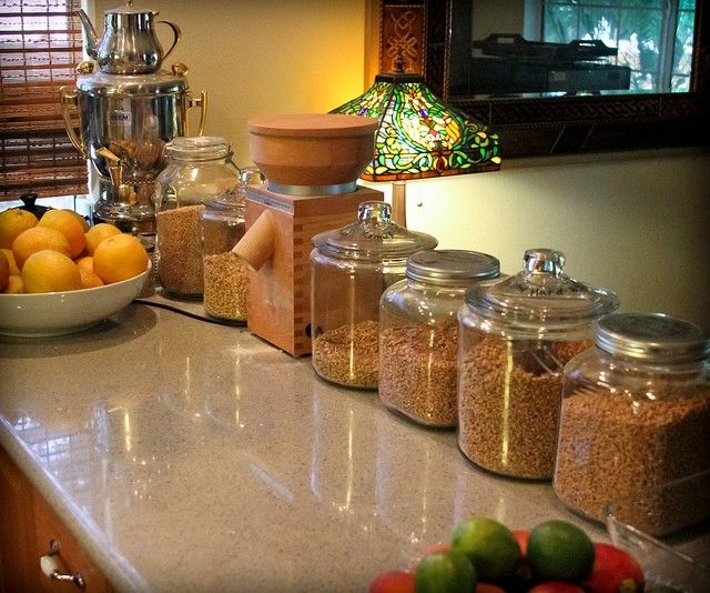 Different kinds of sprouted wheat and grinder