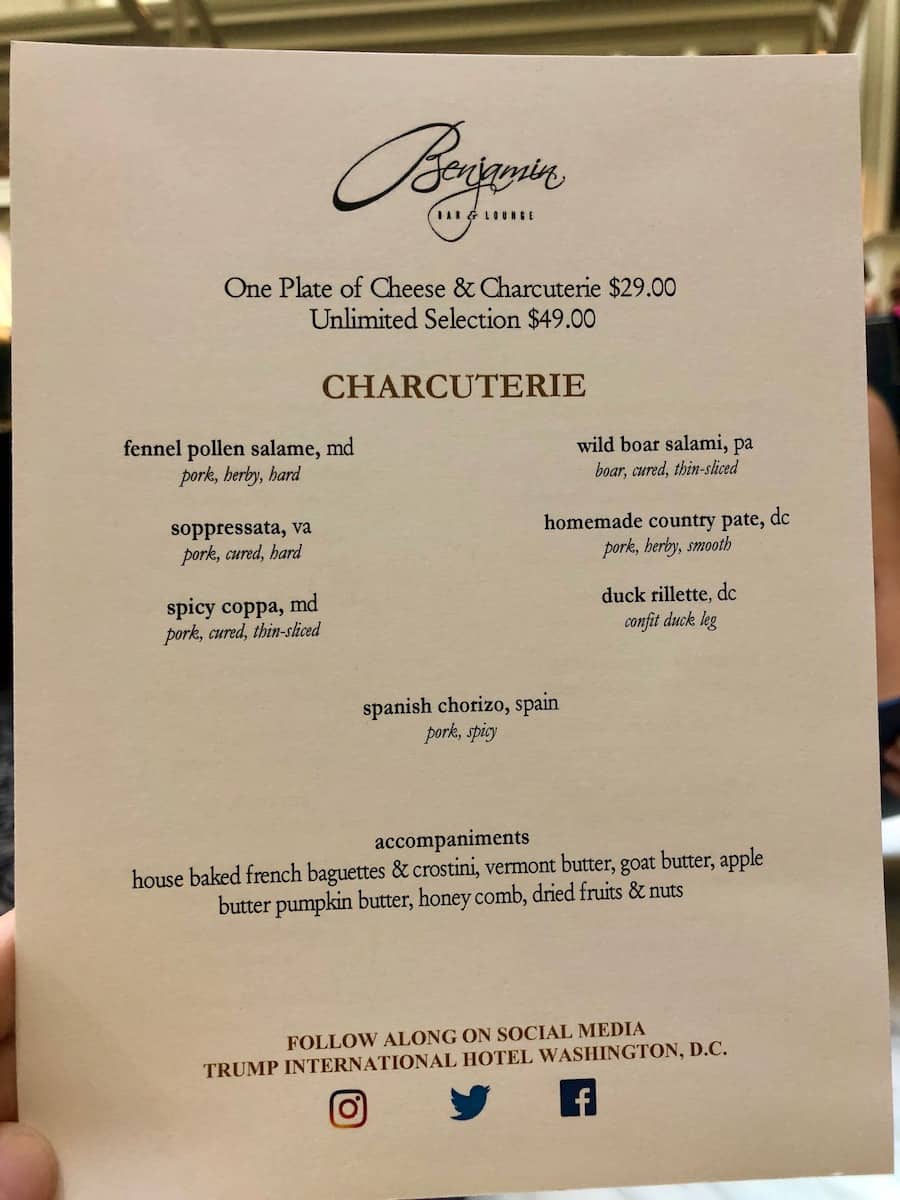 Cheese & Charcuterie Night Menu at the Benjamin Bar at Trump Hotel, Washington DC